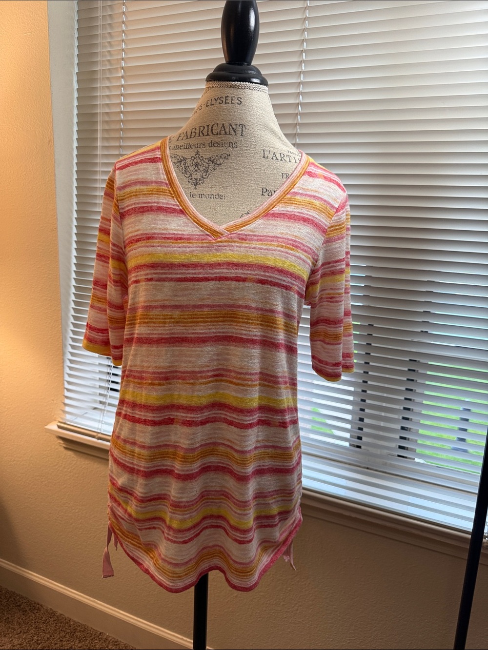 Democracy Striped V-Neck Short Sleeve Top in Pink and Yellow